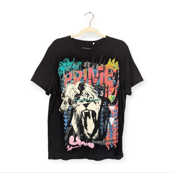 Guess Men's Black Multicolor Lion Roar Short Sleeve Graphic Tee - Picture 1 of 6